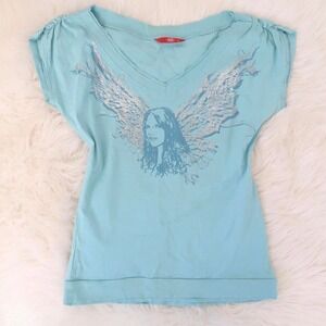 Rare Esprit Y2K Teal Blue Angel Wing Graphic Tee Size S — Indie Sleaze / Boho